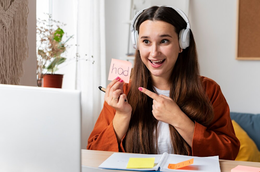 The girl is taking online classes